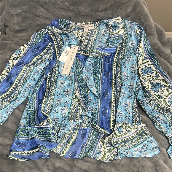 Catherine Malandrino Tops - Catherine Malandrino Blue and White Ruffled V-Neck Blouse NWT retail $68